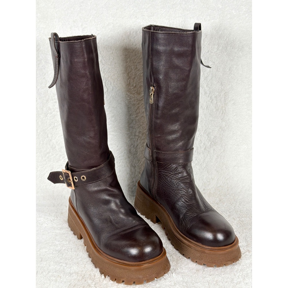 Steve Madden Willow Boots Women 8M Brown Leather Moto Lug Sole Platform Tall Zip